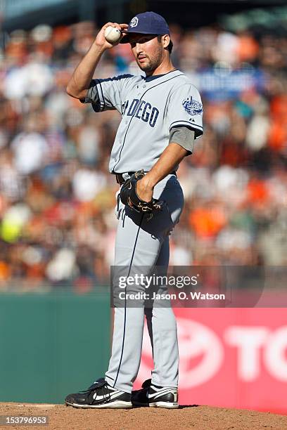 Huston Street of the San Diego Padres stands on the pitchers mound against the San Francisco Giants during the ninth inning at AT&T Park on September...