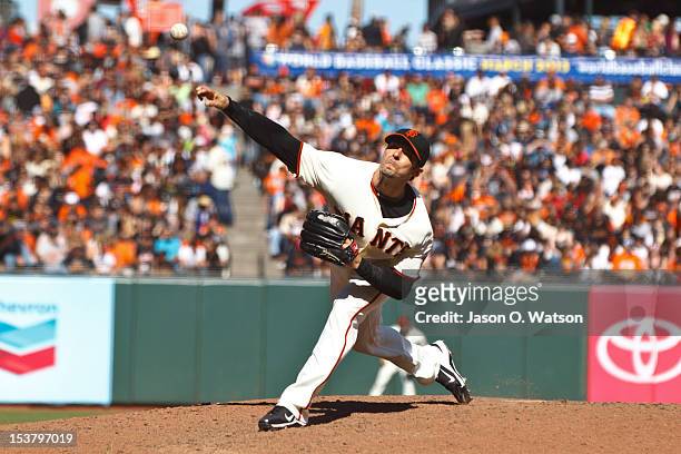 Clay Hensley of the San Francisco Giants pitches against the San Diego Padres during the seventh inning at AT&T Park on September 23, 2012 in San...