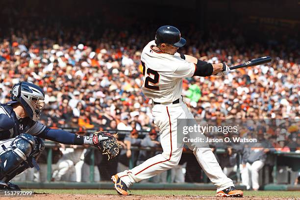 Eli Whiteside of the San Francisco Giants at bat against the San Diego Padres during the fourth inning at AT&T Park on September 23, 2012 in San...