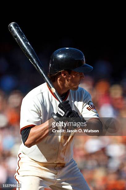 Ryan Theriot of the San Francisco Giants at bat against the San Diego Padres during the eighth inning at AT&T Park on September 23, 2012 in San...