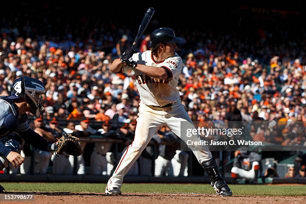 Ryan Theriot of the San Francisco Giants at bat against the San Diego Padres during the eighth inning at AT&T Park on September 23, 2012 in San...