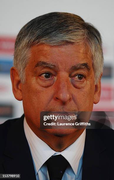 David Bernstein FA Chairman speaks to the media during the official launch of St Georges Park on October 9, 2012 in Burton-upon-Trent, England.