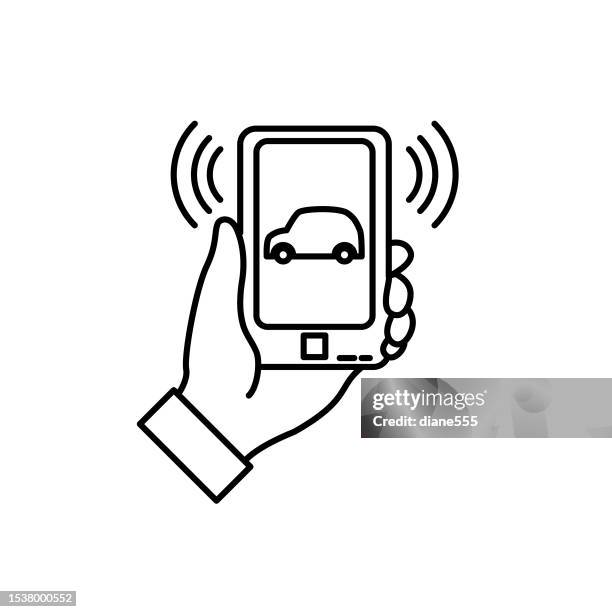 thin line rideshare and transportation icon - mobile app - car pooling stock illustrations