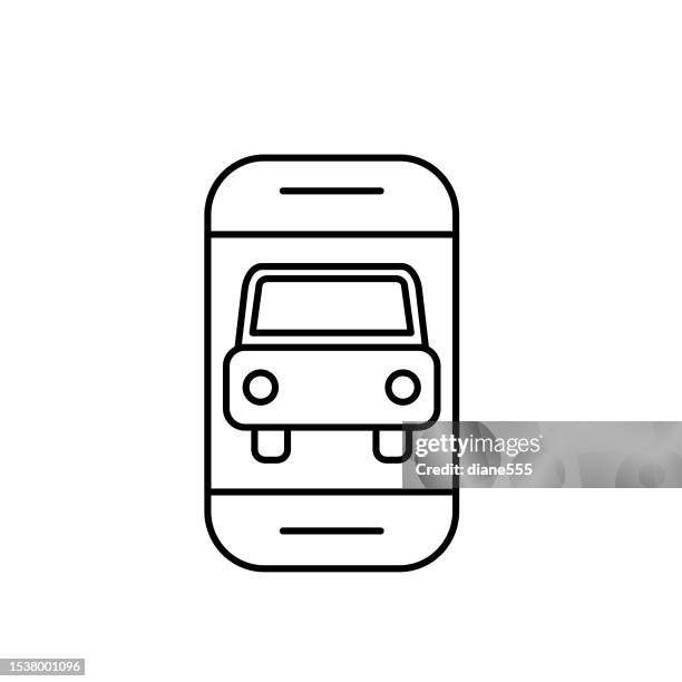 thin line rideshare and transportation icon - mobile app - carpool icon stock illustrations