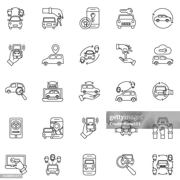 thin line rideshare and transportation icon set - car pooling stock illustrations