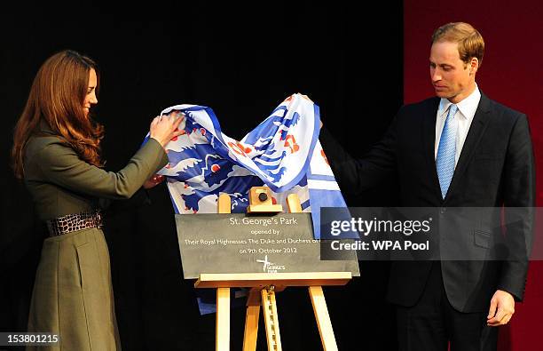 Prince William, Duke of Cambridge and Catherine, Duchess of Cambridge open The Football Association's National Football Centre at St George's Park on...