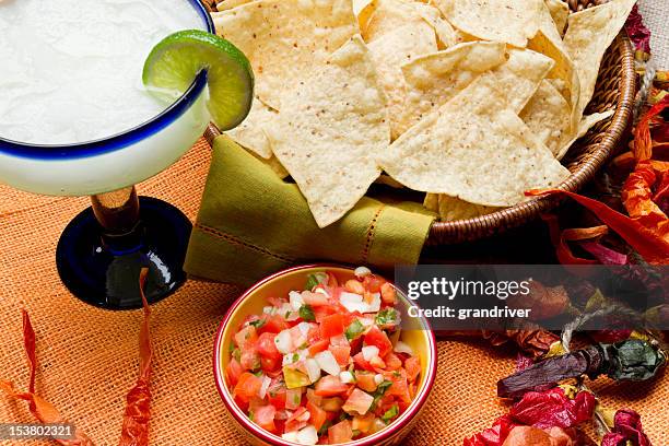 chips, salsa and margarita - mexican food and drink stock pictures, royalty-free photos & images