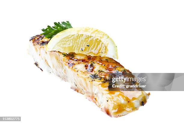 pan seared cod or halibut - halibut stock pictures, royalty-free photos & images