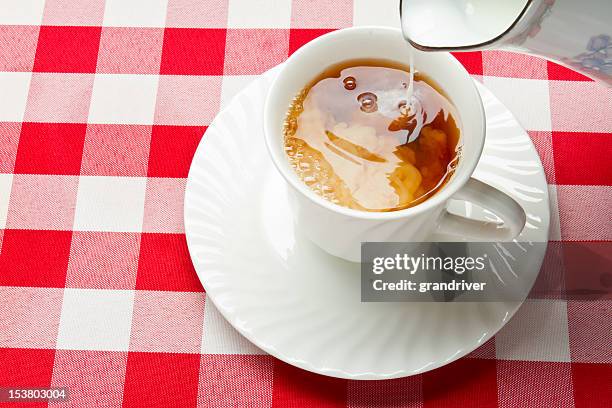 hot tea and milk in a white teacup - milk tea cup stock pictures, royalty-free photos & images