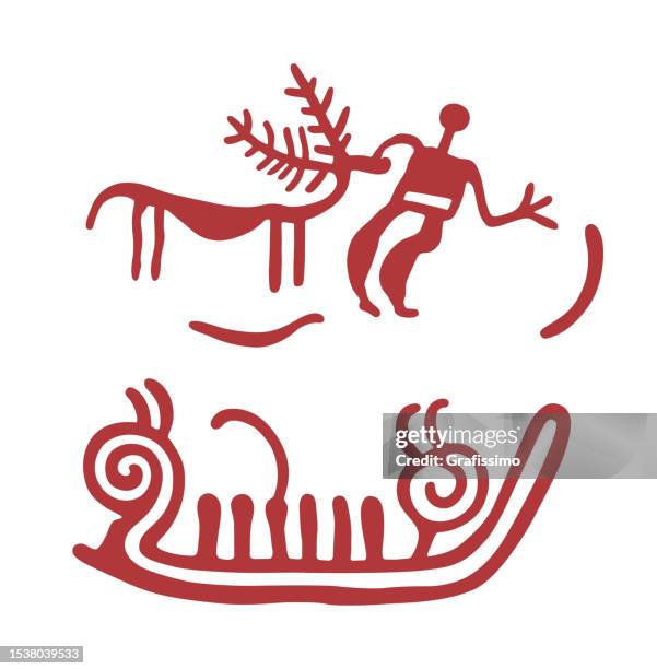 petroglyph bronze age in man with deer bohuslan sweden illustration - västra götaland county stock illustrations