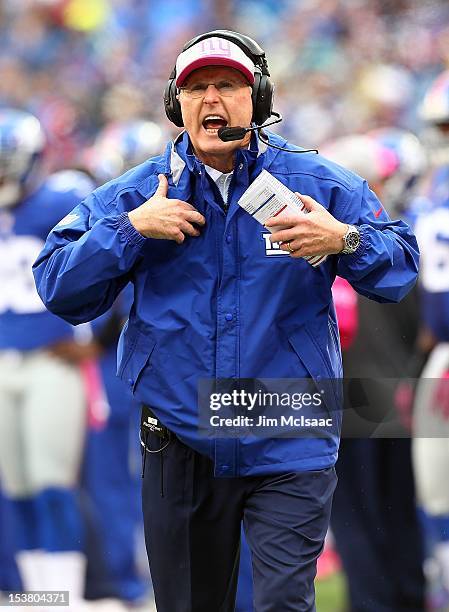 Head coach Tom Coughlin of the New York Giants in action against the Cleveland Browns at MetLife Stadium on October 7, 2012 in East Rutherford, New...