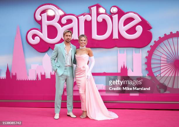 Ryan Gosling and Margot Robbie attend the "Barbie" European Premiere at Cineworld Leicester Square on July 12, 2023 in London, England.