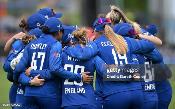 England huddle ahead of the Women's Ashes 1st We Got Game ODI match between England and Australia at Seat Unique Stadium on July 12, 2023 in Bristol,...