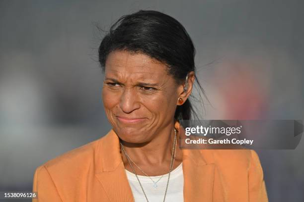 Sky Sports commentator Mel Jones during the Women's Ashes 1st We Got Game ODI match between England and Australia at Seat Unique Stadium on July 12,...