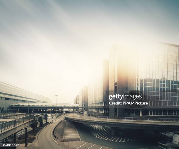 futuristic empty city - aerial transport building stock pictures, royalty-free photos & images