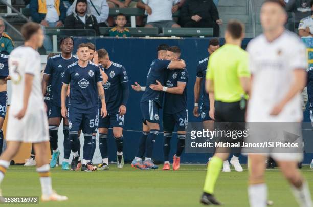 Alan Pulido of Sporting Kansas City scores a goal and celebrates during a game between Sporting Kansas City and Los Angeles Galaxy at Dignity Health...