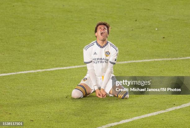 Riqui Puig of the LA Galaxy reacts to narrowly missing a goal during a game between Sporting Kansas City and Los Angeles Galaxy at Dignity Health...