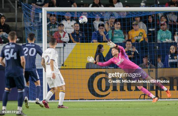 Jonathan Bond GK of the LA Galaxy reaches for a ball during a game between Sporting Kansas City and Los Angeles Galaxy at Dignity Health Sports Park...