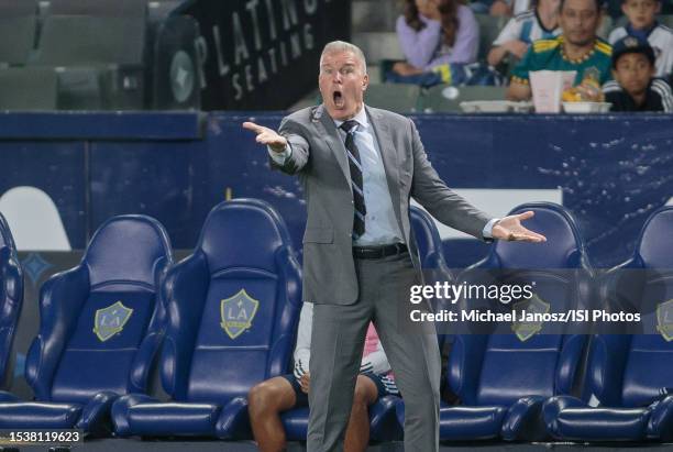 Head Coach of Sporting Kansas City voicing his opinion to the referee during a game between Sporting Kansas City and Los Angeles Galaxy at Dignity...