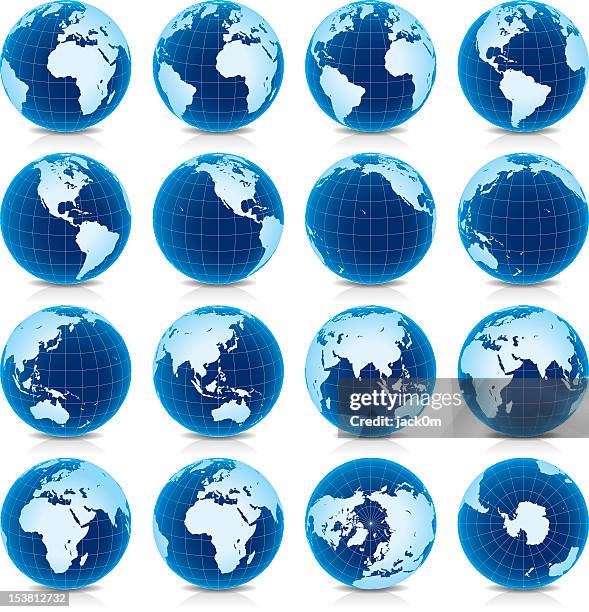spinning earth globe icon set, latitude 15° n view - blue planet stock illustrations