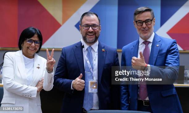 Vice President of Venezuela Delcy Eloina Rodriguez Gomez and her team pose during an European Union and Community of Latin American and Caribbean...