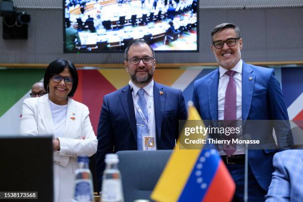 Vice President of Venezuela Delcy Eloina Rodriguez Gomez and her team are posing during an European Union and Community of Latin American and...