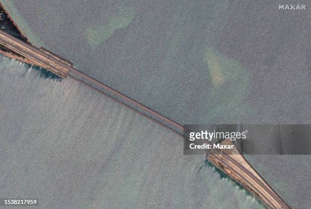 Maxar satellite imagery showing a medium view of Kerch Strait and the new damage to the Crimea Bridge which connects Crimea to Russia's mainland....