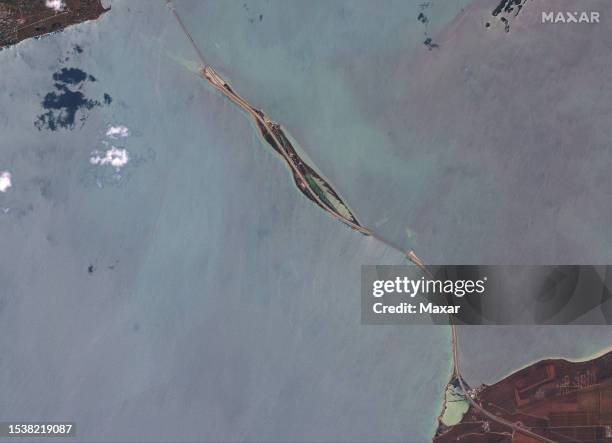 Maxar satellite imagery showing an overview of Kerch Strait and the new damage to the Crimea Bridge which connects Crimea to Russia's mainland....