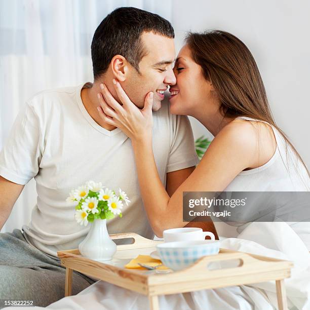 breakfast in bed - good morning kiss images stock pictures, royalty-free photos & images