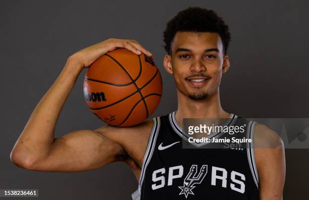Victor Wembanyama of the San Antonio Spurs poses for a portrait during the 2023 NBA rookie photo shoot at UNLV on July 12, 2023 in Las Vegas, Nevada.