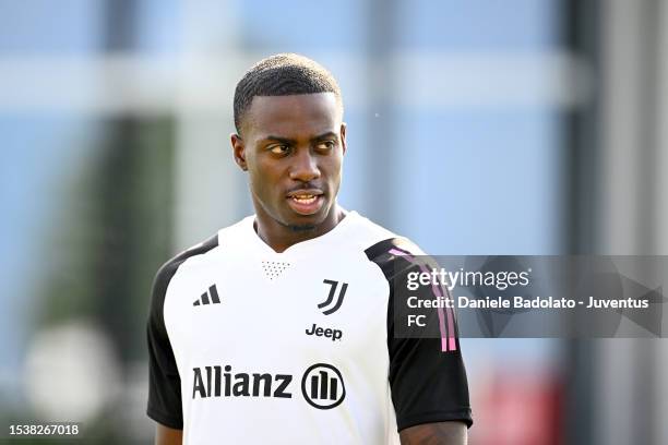 Timothy Weah of Juventus during a training session at JTC on July 17, 2023 in Turin, Italy.