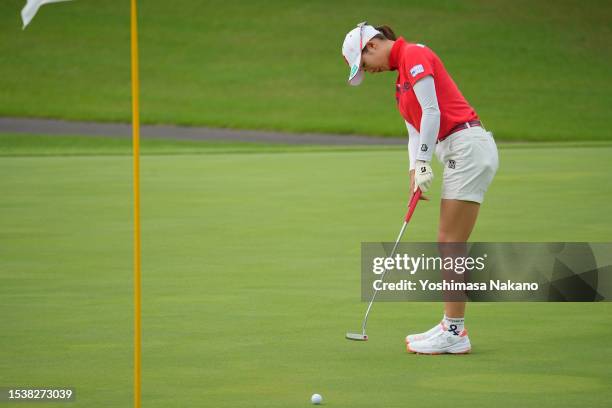 Rei Matsuda of Japan attempts a putt on the 1st green during the second round of Aomori Ladies Open Golf Tournament at Aomori Country Club on July...