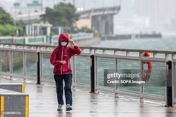 Woman tries to keep out the wind and the rain during Typhoon Talim in Hong Kong. This was the first typhoon of the year and the HK Observatory issued...