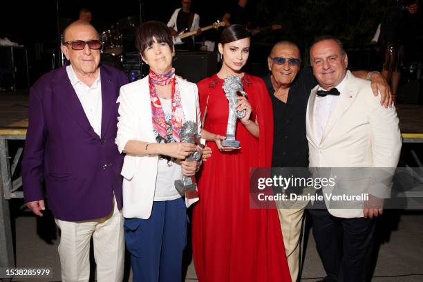 Clive Davis, Diane Warren, Sofia Carson, Tony Renis and Pascal Vicedomini attend the Ischia Global Fest 2023 on July 12, 2023 in Ischia, Italy.