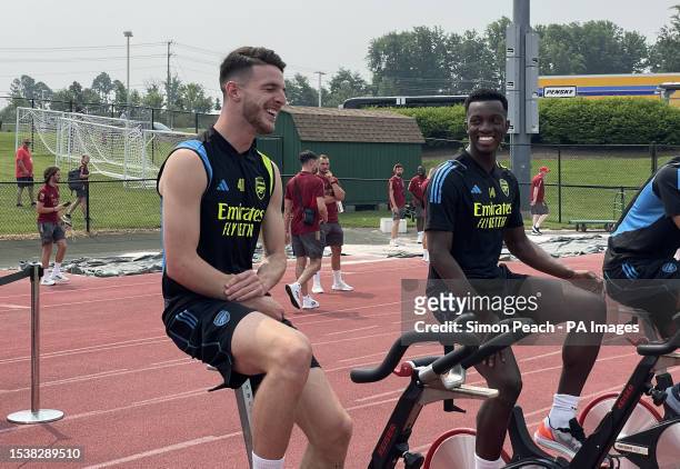 Arsenal's Declan Rice with Eddie Nketiah during a training session at the George Mason University in Fairfax County, Virginia, the first stop on...