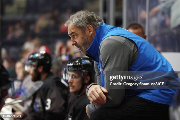 Head coach John LeClair of Team LeClair watches the action during 3ICE - Week 3 action at the Van Andel Arena on July 12, 2023 in Grand Rapids,...