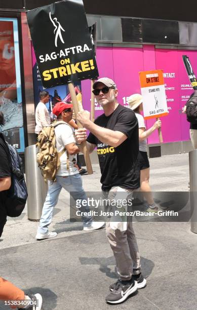 Christian Slater is seen at the SAG-AFTRA strike outside the Paramount Building in Times Square, Manhattan on July 17, 2023 in New York City.
