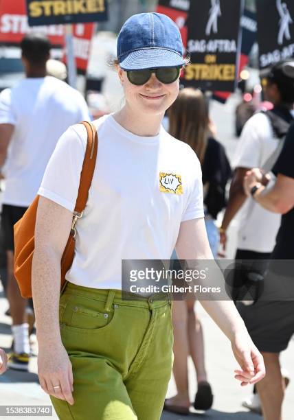 Liv Hewson walks the picket line on Day 5 in support of the SAG-AFTRA and WGA strike at Paramount Pictures Studio on July 17, 2023 in Los Angeles,...
