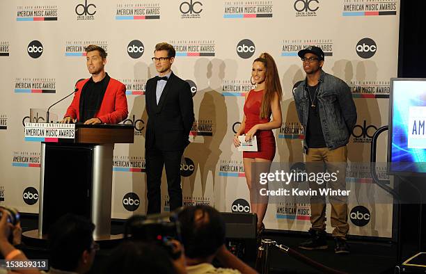 Singer Lance Bass, stylist Brad Goreski, singer Kimberly Cole, and actor Tristan Wilds speak onstage during the 40th Anniversary American Music...