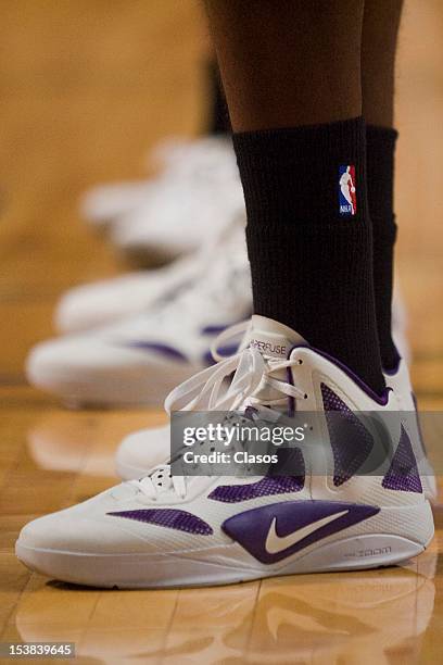 Detail of a pair of sneakers during the basketball Friendly match between New Orleans Hornets vs Orlando Magic at NBA Arena on October 07, 2012 in...