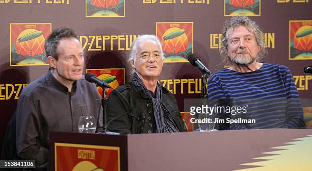 Musicians John Paul Jones, Jimmy Page and Robert Plant attend the "Led Zeppelin: Celebration Day" press conference at the Museum of Modern Art on...