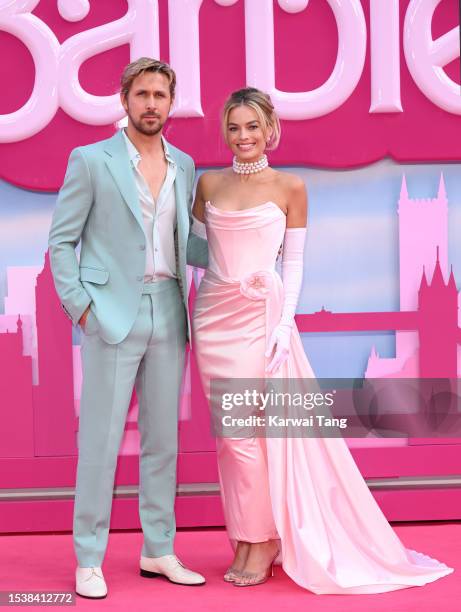 Ryan Gosling and Margot Robbie attend the "Barbie" European Premiere at Cineworld Leicester Square on July 12, 2023 in London, England.