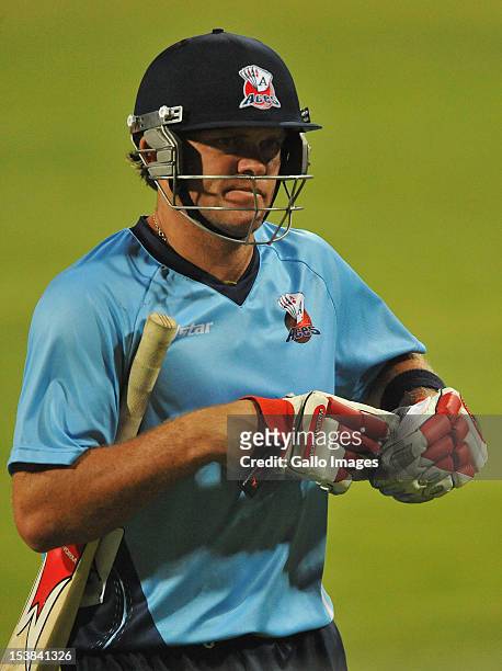 Lou Vincent of Auckland dismissed for 20 runs during the Karbonn Smart CLT20 pre-tournament Qualifying Stage match between Sialkot Stallions of...