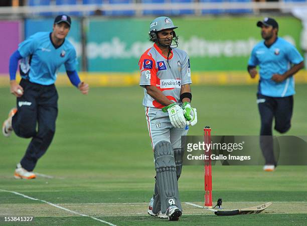 Imran Nazir of Sialkot holds his hand after being hit during the Karbonn Smart CLT20 pre-tournament Qualifying Stage match between Sialkot Stallions...