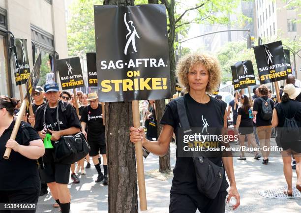 Michelle Hurd is seen at the SAG-Aftra Strike outside the NBC Studios in Midtown, Manhattan on July 17, 2023 in New York City.