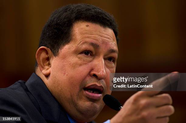 Venezuelan President Hugo Chavez gives his first press conference after winning the national elections for President during the period 2013-2019, on...