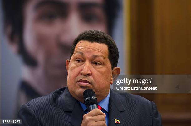 Venezuelan President Hugo Chavez gives his first press conference after winning the national elections for President during the period 2013-2019, on...