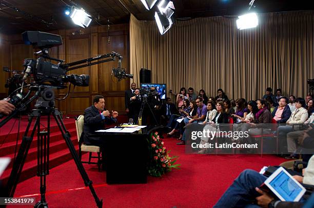 General view during the first press conference of the Venezuelan President Hugo Chavez after winning the national elections for President during the...