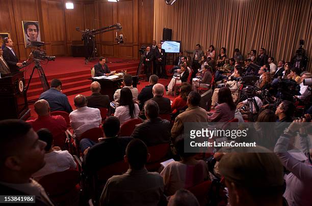 General view during the first press conference of the Venezuelan President Hugo Chavez after winning the national elections for President during the...