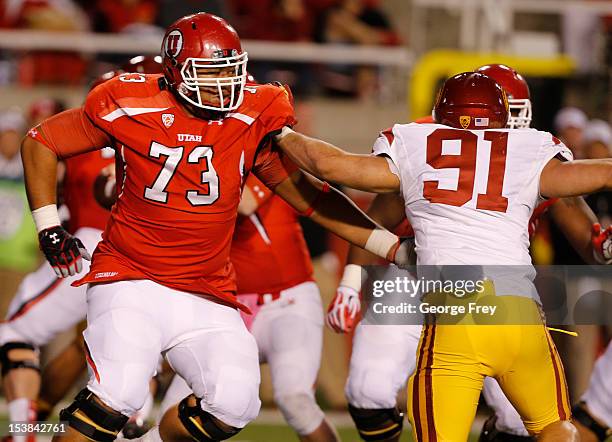 Jeremiah Poutasi of the Utah Ute's plays in a game against the USC Trojans during the second half of a college football game on October 4, 2012 at...